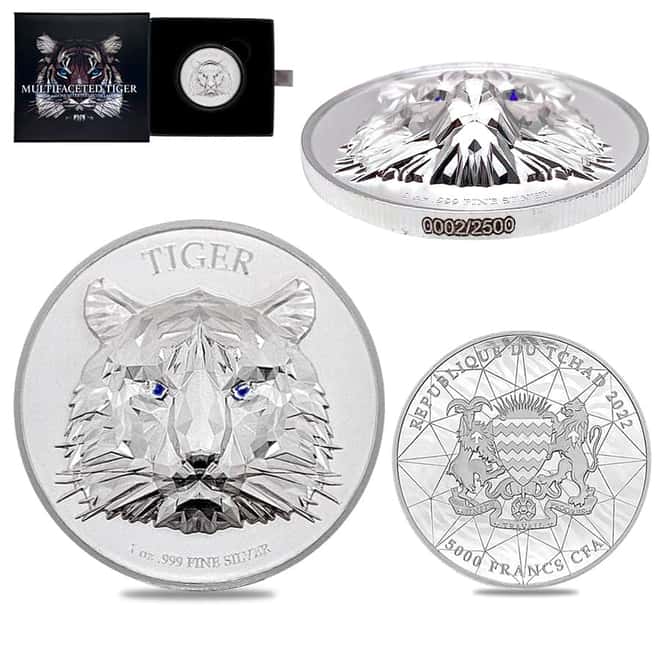 2022 Chad 1 oz Silver Multifaceted Tiger Coin Serial #2 Ultra High Relief (w/Box)