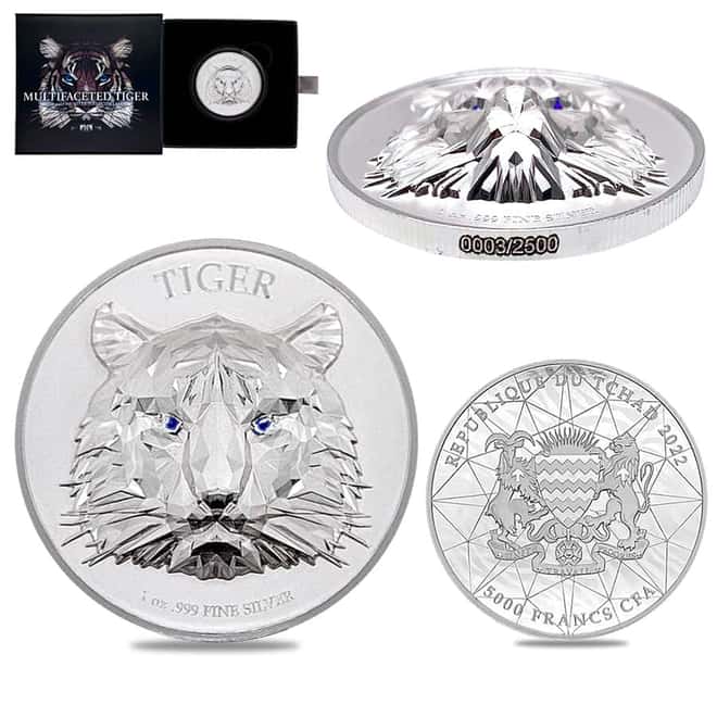 2022 Chad 1 oz Silver Multifaceted Tiger Coin Serial #3 Ultra High Relief (w/Box)