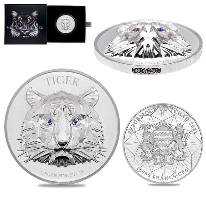 2022 Chad 1 oz Silver Multifaceted Tiger Coin Serial #4 Ultra High Relief (w/Box)