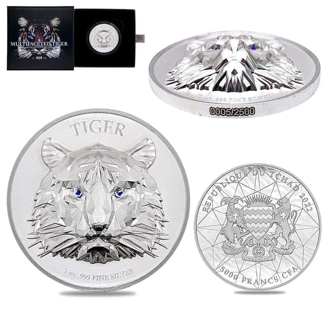 2022 Chad 1 oz Silver Multifaceted Tiger Coin Serial #5 Ultra High Relief (w/Box)