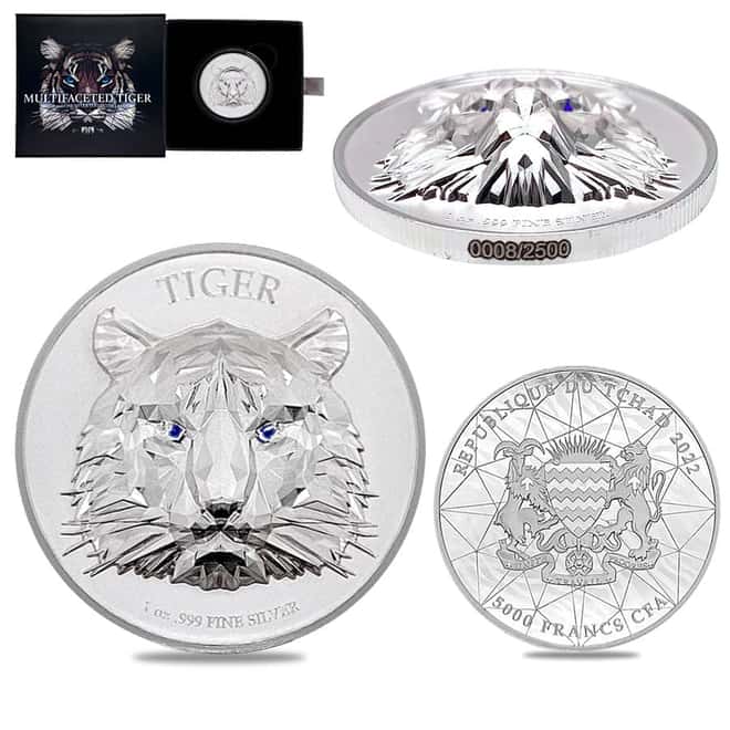 2022 Chad 1 oz Silver Multifaceted Tiger Coin Serial #8 Ultra High Relief (w/Box)
