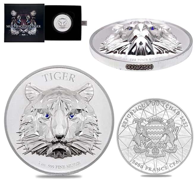 2022 Chad 1 oz Silver Multifaceted Tiger Coin Serial #9 Ultra High Relief (w/Box)
