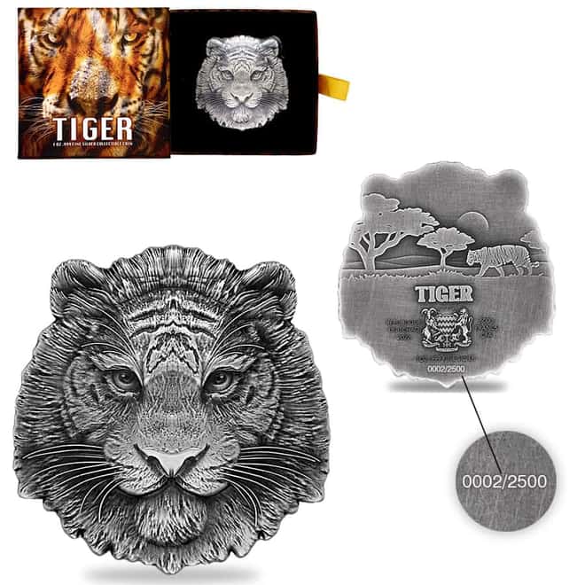 2022 Chad 1 oz Silver Tiger Coin Serial #2 Shaped High Relief (w/Box)