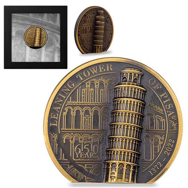 2022 Cook Islands 1 oz Gold Leaning Tower of Pisa Coin Antiqued .999 Fine (w/Box & COA)