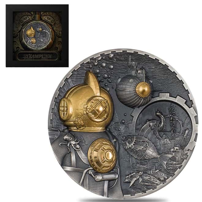 2022 Cook Islands 3 oz Silver Steampunk Nautilus Coin Antiqued .999 Fine (w/Box & COA)