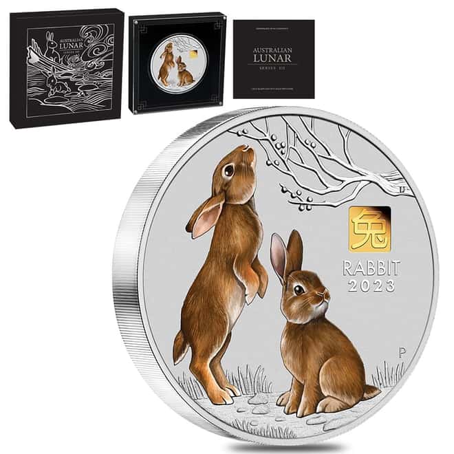 2023 1 Kilo Proof Colorized Silver Lunar Year of The Rabbit Gold Privy Australian Perth Mint (w/Box & COA)