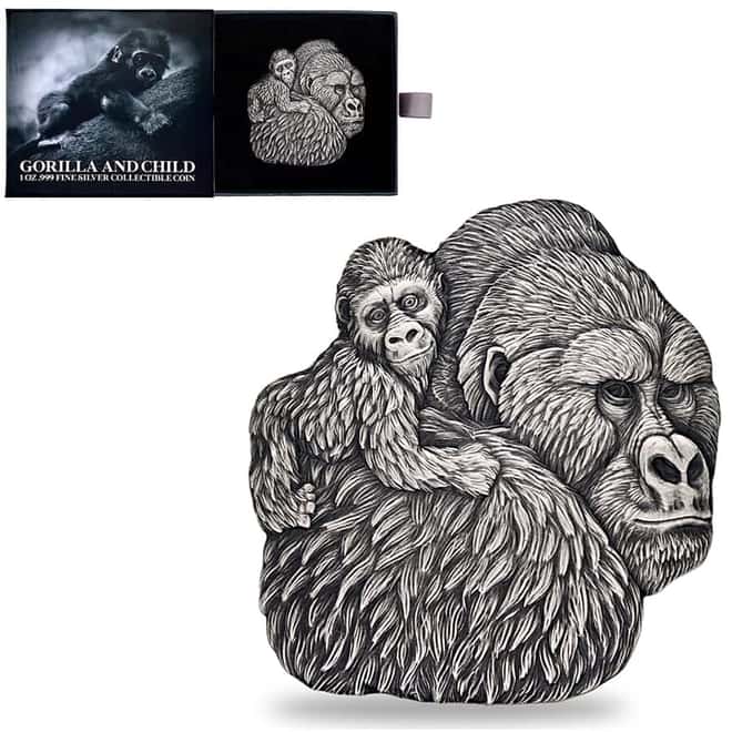 2023 Chad 1 oz Silver Gorilla and Child Shaped Antiqued High Relief Coin .999 Fine (w/Box)