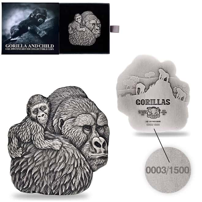 2023 Chad 1 oz Silver Gorilla and Child Coin Serial #3 Shaped High Relief (w/Box)