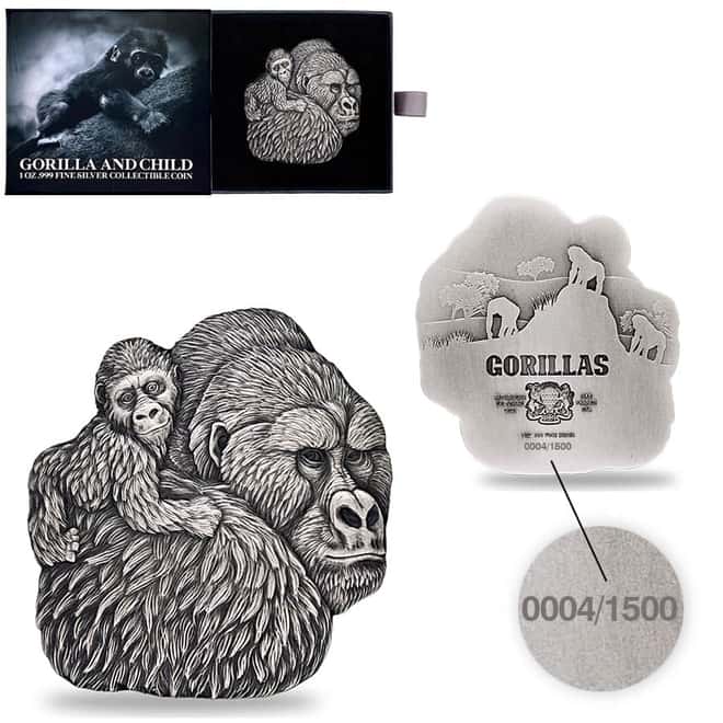 2023 Chad 1 oz Silver Gorilla and Child Coin Serial #4 Shaped High Relief (w/Box)
