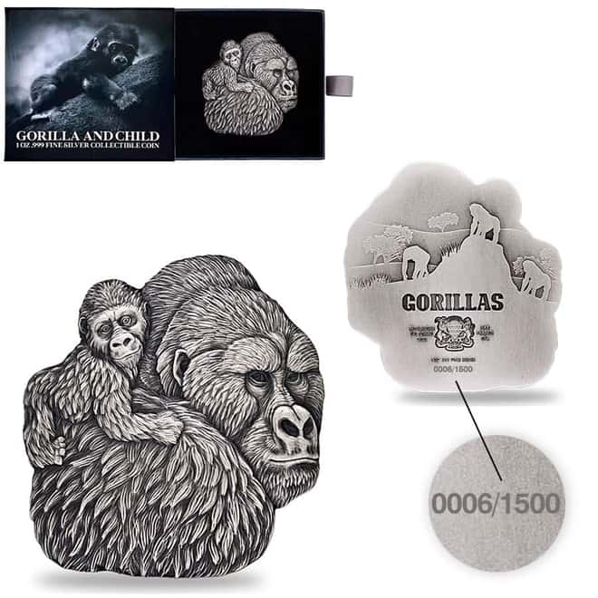 2023 Chad 1 oz Silver Gorilla and Child Coin Serial #6 Shaped High Relief (w/Box)