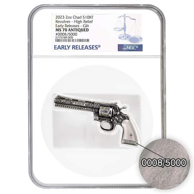 2023 Chad 2 oz Silver Revolver Gun Coin Serial #8 NGC MS 70 ER Shaped High Relief