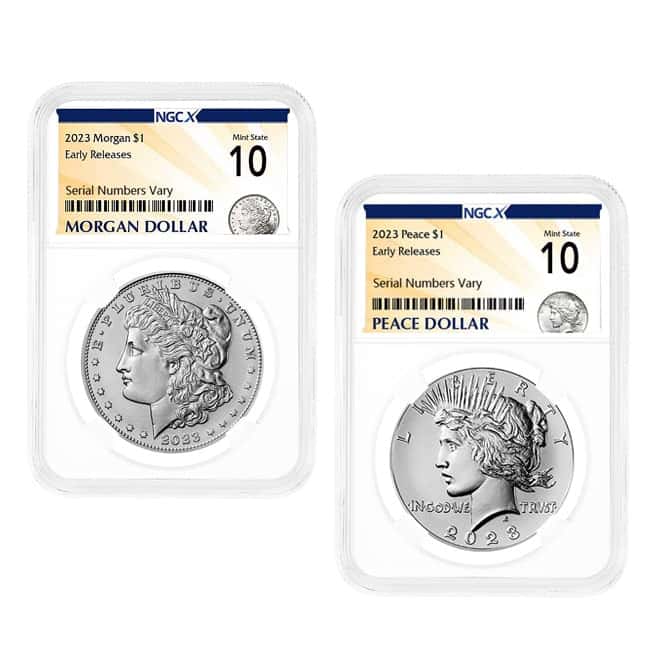 2023 Morgan / Peace Silver Dollar 2-Coin Set NGCX MS 10 ER (Morgan/Peace Label)