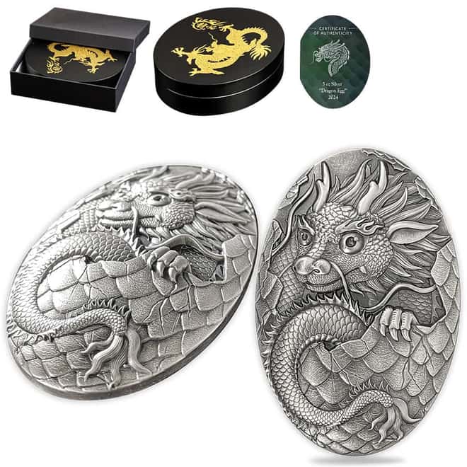 2024 5 oz Silver Dragon Egg 3D Shaped Coin Djibouti .999 Fine (w/Box & COA)