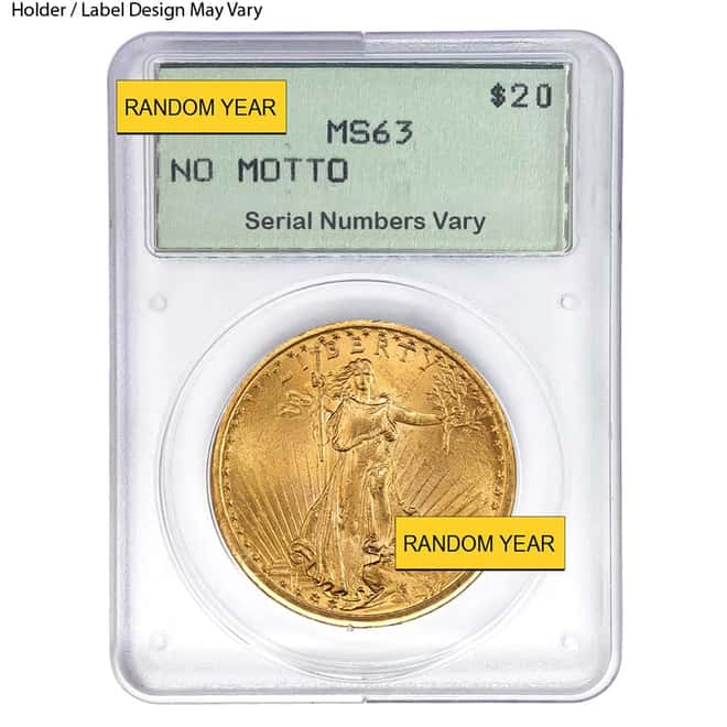 $20 Gold Double Eagle Saint Gaudens PCGS MS 63 Rattler Holder (Random Year)