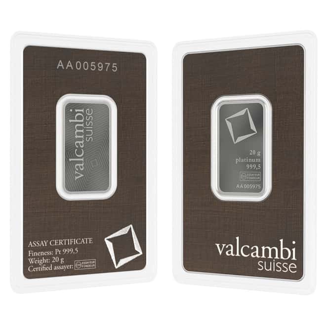20 Gram Platinum Bar - Valcambi Suisse .9995 Fine (in Assay)