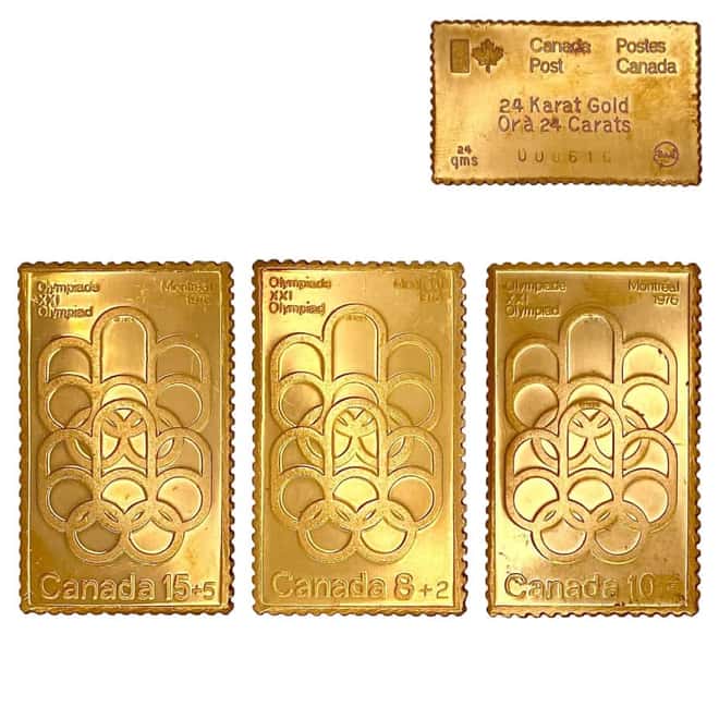 3 x 24 gram Gold Canada Post 1976 Olympics 3-Stamp Set