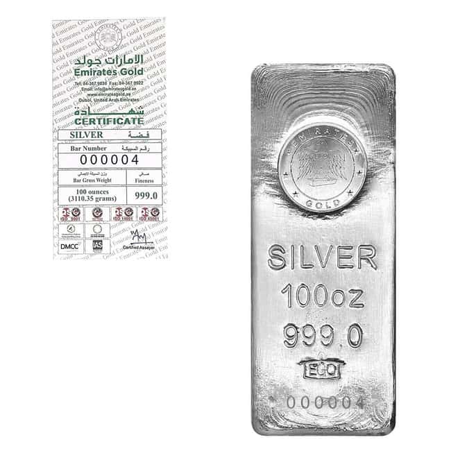 100 oz Emirates Gold Silver Cast Bar Serial #4 .999 Fine