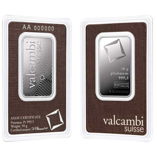 50 Gram Platinum Bar - Valcambi Suisse .9995 Fine (in Assay)