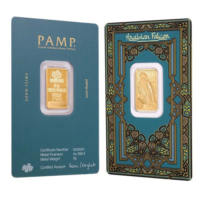 5 Gram PAMP Suisse Arabian Falcon Gold Bar .9999 Fine (in Assay)