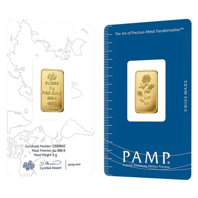 5 Gram PAMP Suisse Rosa Gold Bar .9999 Fine (in Assay)