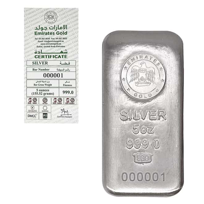 5 oz Emirates Gold Silver Cast Bar Serial #1 .999 Fine (w/Assay)
