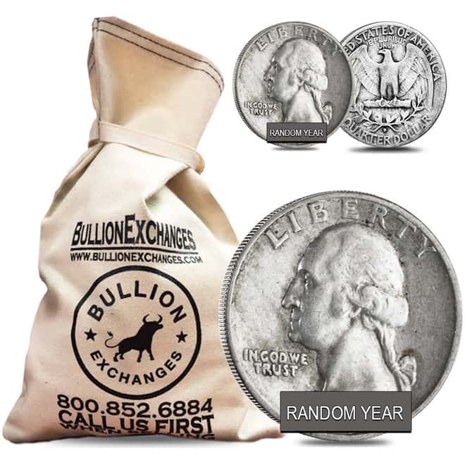 $50 Face Value Bag - 200 Coins - 90% Silver Washington Quarters 25c (Circulated)