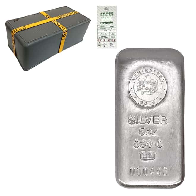 Box of 100 - 5 oz Emirates Gold Silver Cast Bar .999 Fine (w/Assay)