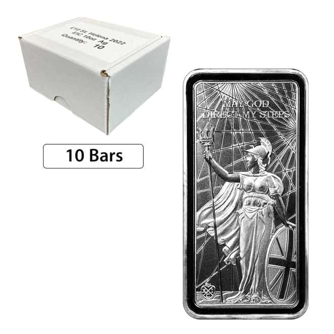 Box of 10 - 2022 St. Helena 10 oz Silver Standing Britannia Coin Bar BU