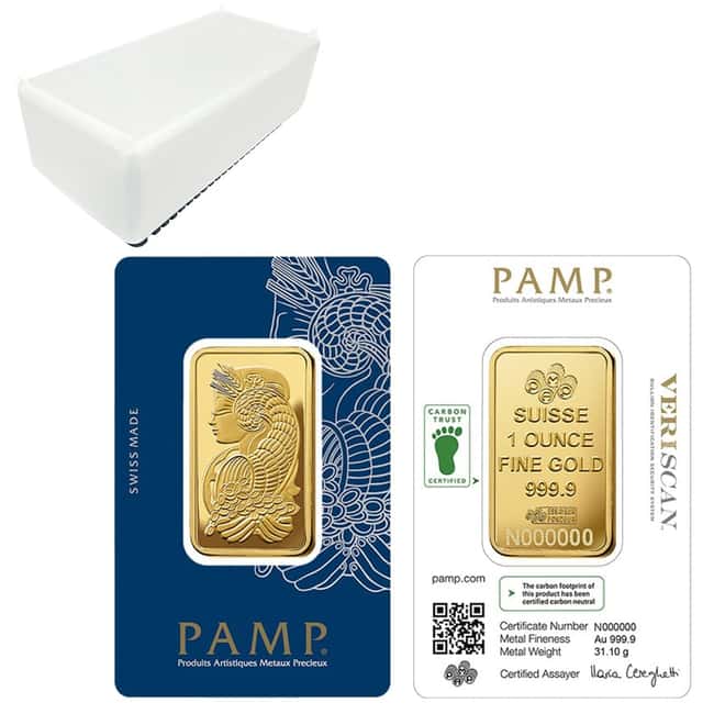 Box of 25 - 1 oz Gold Bar PAMP Suisse Lady Fortuna Veriscan Carbon Neutral (in Assay)