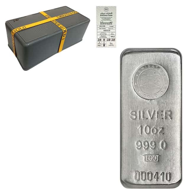 Box of 60 - 10 oz Emirates Gold Silver Cast Bar .999 Fine (w/Assay)