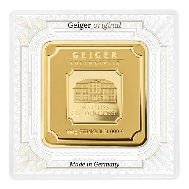 100 gram Geiger Original Square Gold Bar (In Assay)