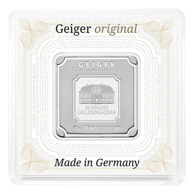 10 Gram Geiger Original Square Silver Bar .999 Fine (in Assay)