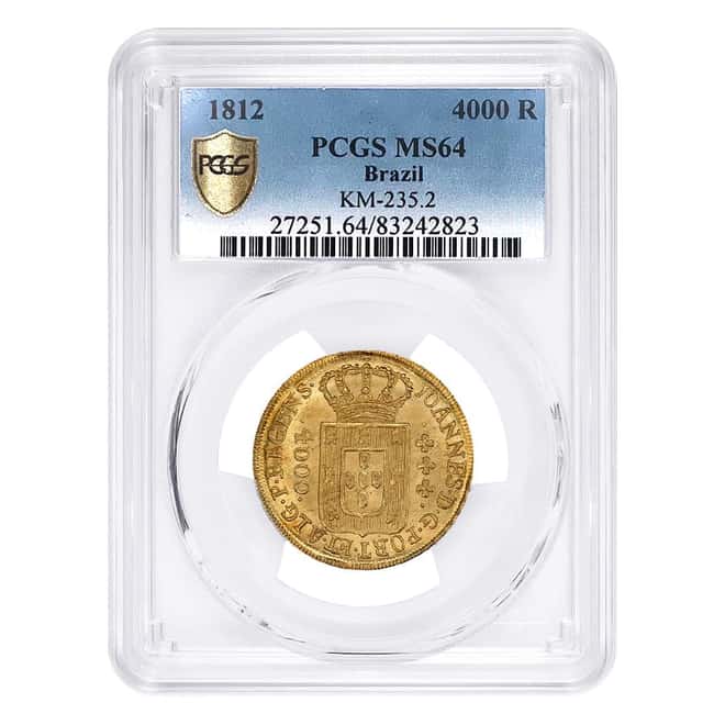 1812 Brazil 4,000 Reis Gold Coin PCGS MS 64