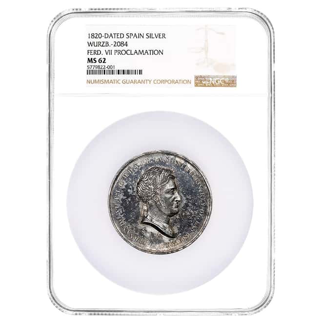 1820 Spain Ferdinand VII Proclamation Silver Medal NGC MS 62