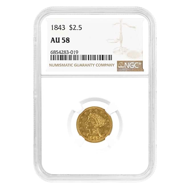 1843 $2.5 Liberty Head Quarter Eagle Gold Coin NGC AU 58