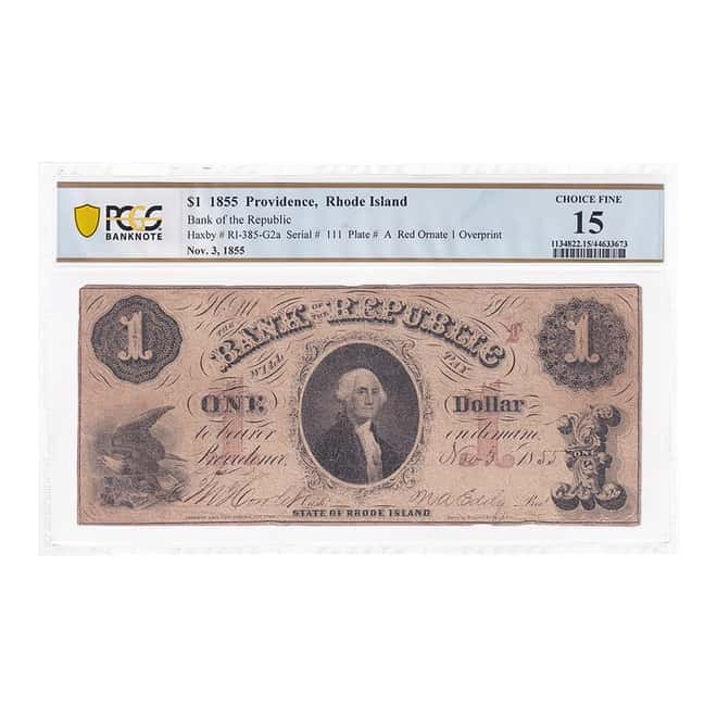 1855 $1 Providence Rhode Island Currency Note PCGS F 15