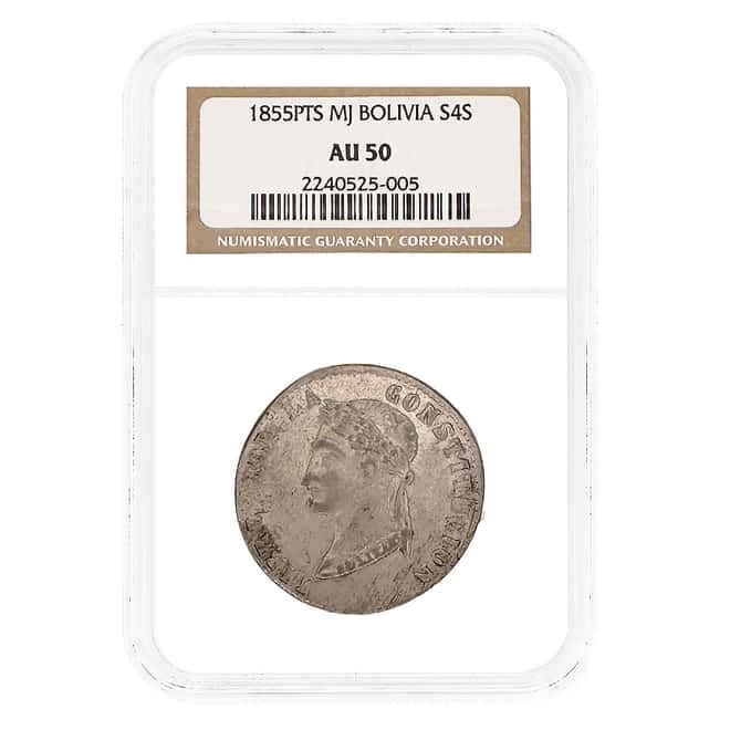 1855 PTS MJ Bolivia 4 Soles Silver Coin NGC AU 50