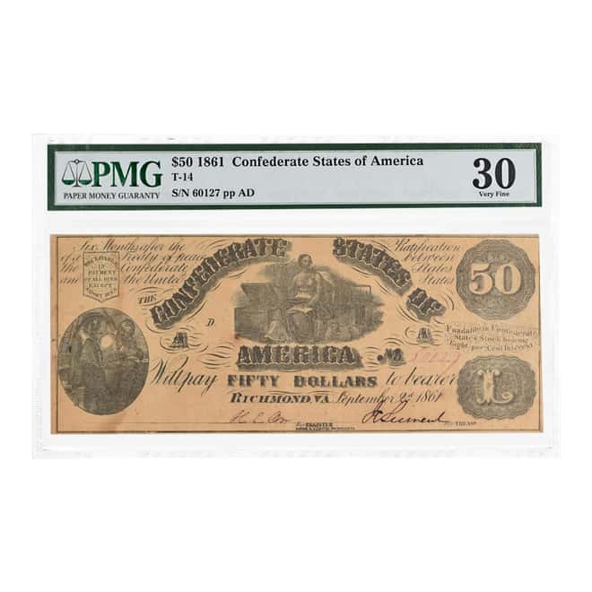 1861 $50 Confederate States of America Currency Note PMG VF 30 (Stained)