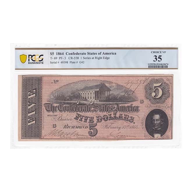 1864 $5 Confederate States of America Currency Note PCGS VF 35