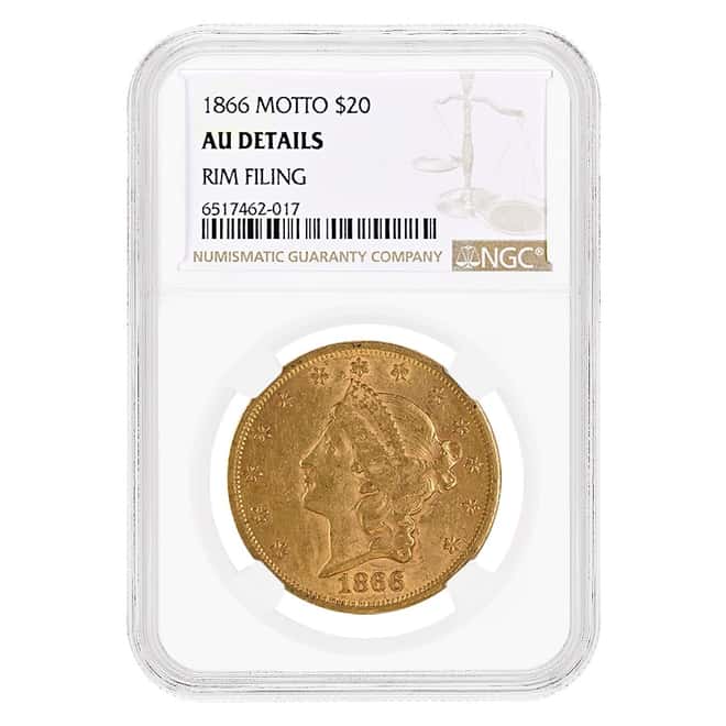 1866 $20 Liberty Head Double Eagle Gold Coin Motto NGC AU Details