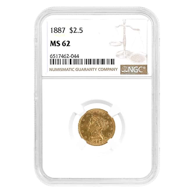 1887 $2.5 Liberty Head Quarter Eagle Gold Coin NGC MS 62