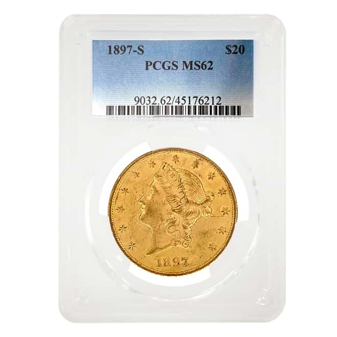 1897-S $20 Liberty Head Double Eagle Gold Coin PCGS MS 62