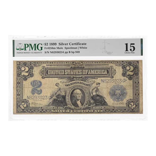 1899 $2 Silver Certificate Currency Note PMG F 15 (John Burke Back Plate)