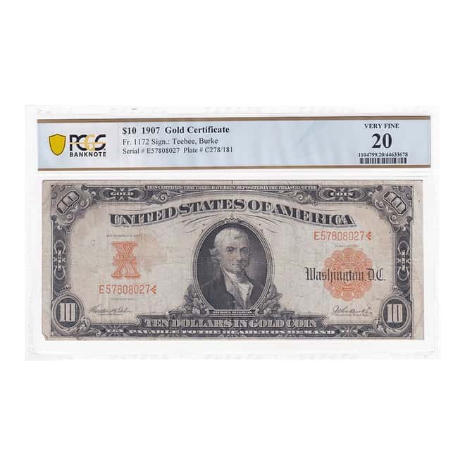 1907 $10 Gold Certificate Currency Note Teehee Burke PCGS VF 20