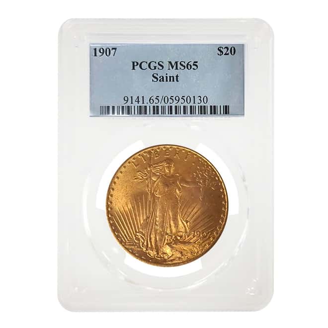 1907 $20 Gold Saint Gaudens Double Eagle No Motto Coin PCGS MS 65