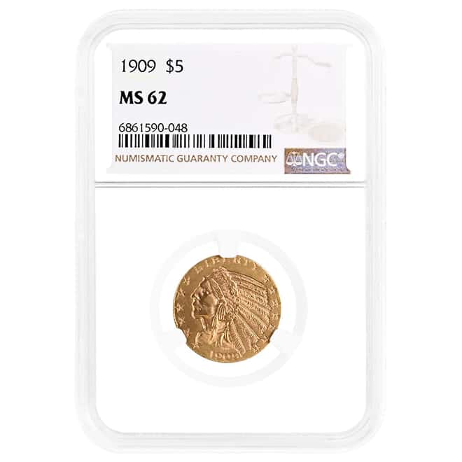 1909 $5 Indian Head Half Eagle Gold Coin NGC MS 62