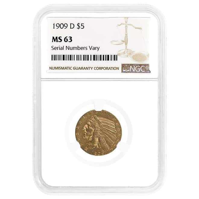 1909 D $5 Gold Half Eagle Indian Head NGC MS 63