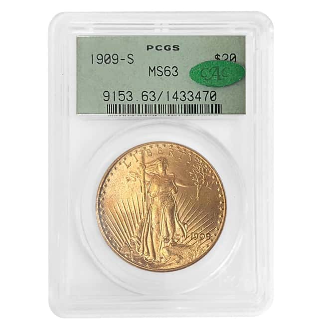 1909 S $20 Gold Saint Gaudens Double Eagle Coin PCGS MS 63 OGH CAC