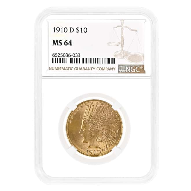 1910-D $10 Indian Head Gold Eagle Coin NGC MS 64