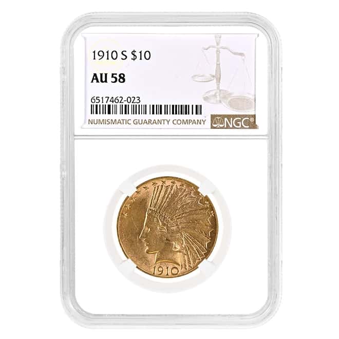 1910 S $10 Indian Head Gold Eagle Coin NGC AU 58